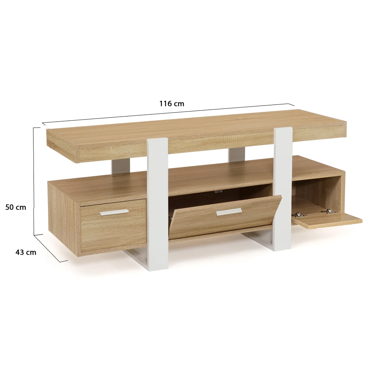 Meuble TV 116 cm PHOENIX avec tiroirs bois et blanc