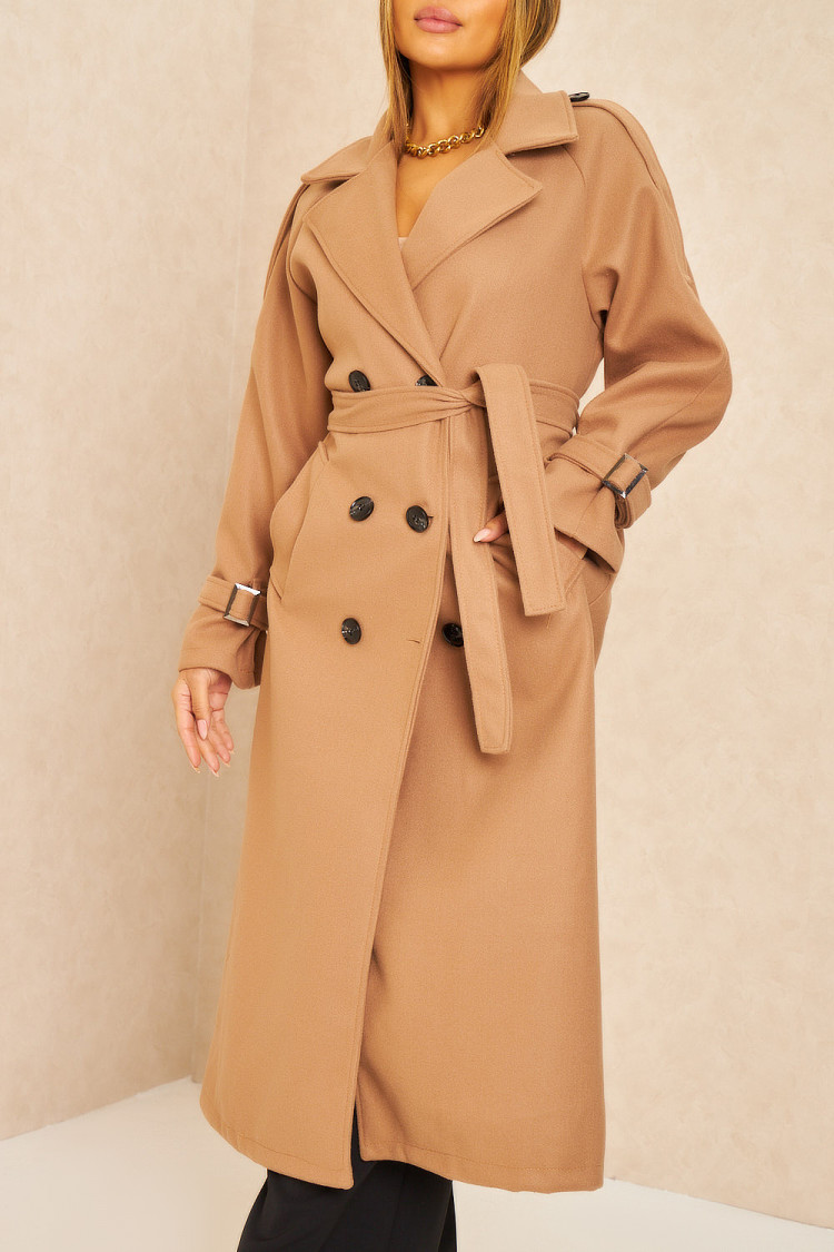 Manteau long duveteux style trench beige foncé