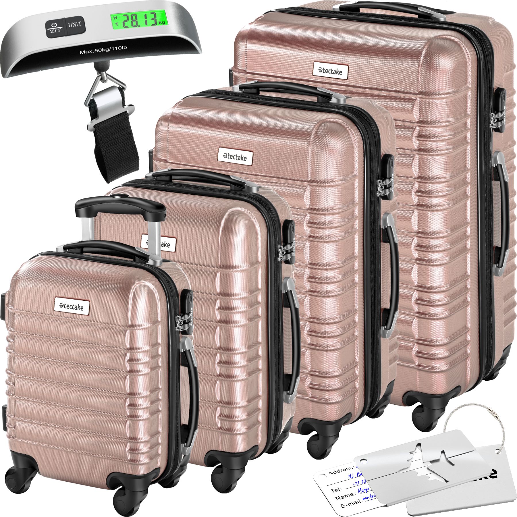 tectake® Hartschalenkoffer-Set, 4-teilig aus robustem ABS-Kunststoff inkl. Kofferwaage und -anhänger, 360° drehbare, abnehmbare Rollen, mit Sicherheits-Zahlenschloss