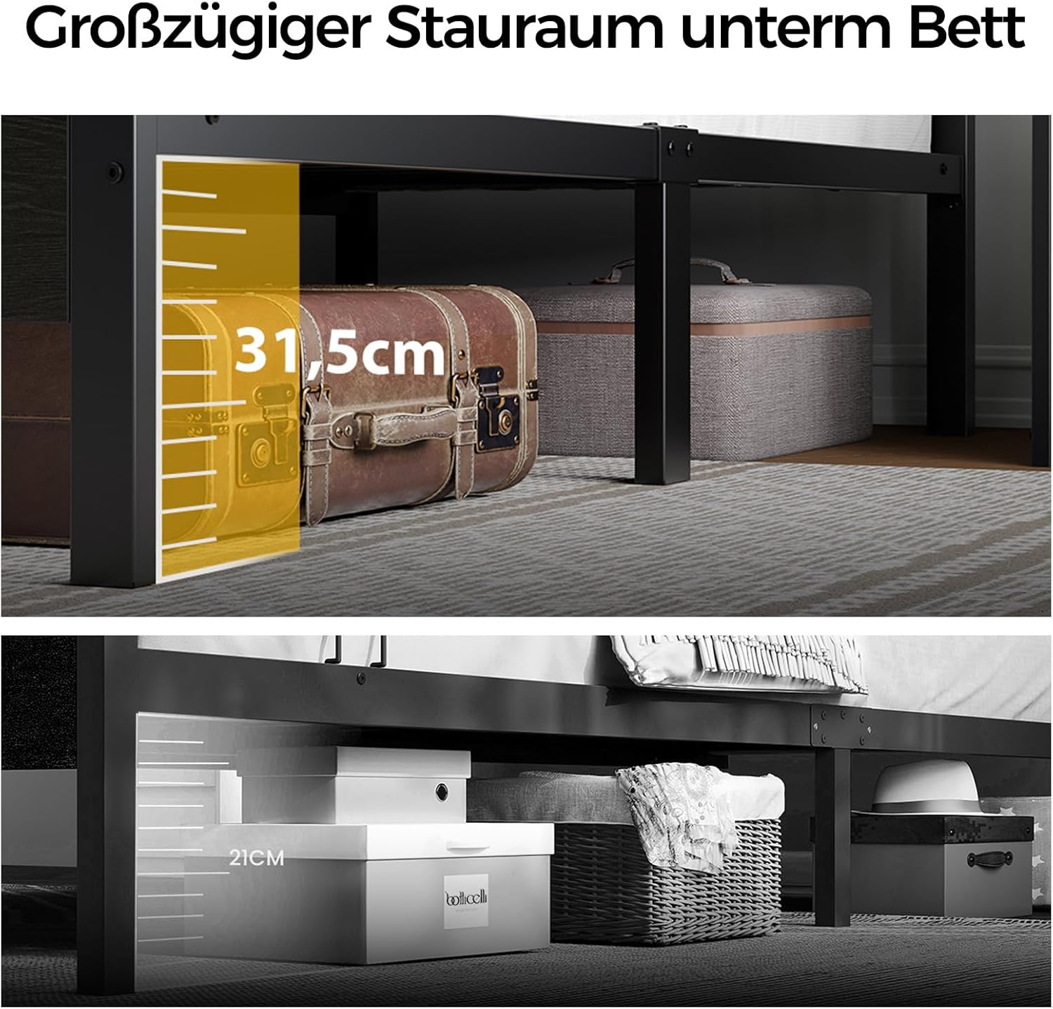 Seventable Bett 90x200 mit LED, Ladestation (2 USB-Anschlüsse & 1 Typ-C-Anschluss), Metallbett mit Gepolstertem Kopfteil & Stauraum, perfekt für Kinderzimmer, Jugendzimmer, Schwarz