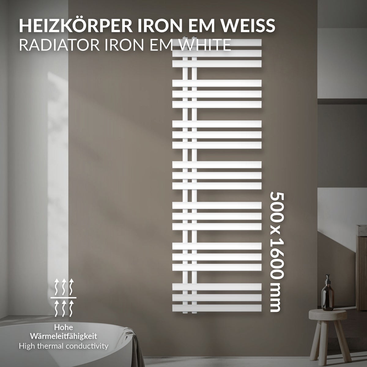 ECD Germany Iron EM Design Badkamerradiator - 500 x 1600 mm - Wit - Designradiator Paneelradiator Handdoekwarmer Handdoekdroger Verwarmingsradiator