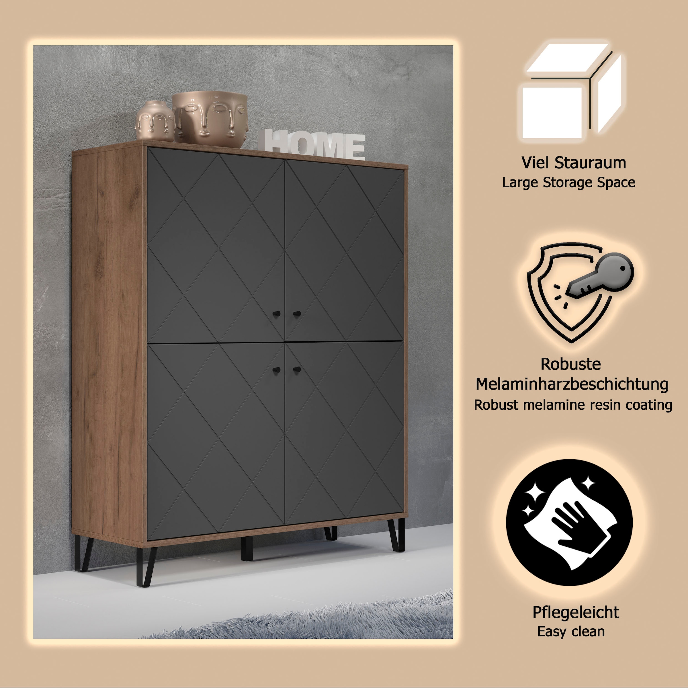 PLACES OF STYLE Highboard »Molveno« 1 Stk. tlg. Highboard mit 4 Türen & Soft-Close - (B/T/H) 123/40/136 cm