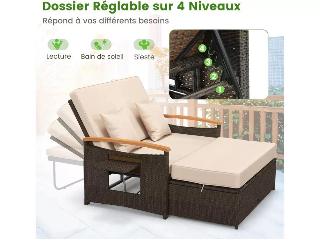 Salon de Jardin en Rotin et fibre naturelle avec Ottoman de Rangement, Bain de Soleil avec Plateau Latéral Rétractable Dossier Réglable Coussins 4 Positions, Canapé à 2 Places Charge 360KG, Beige