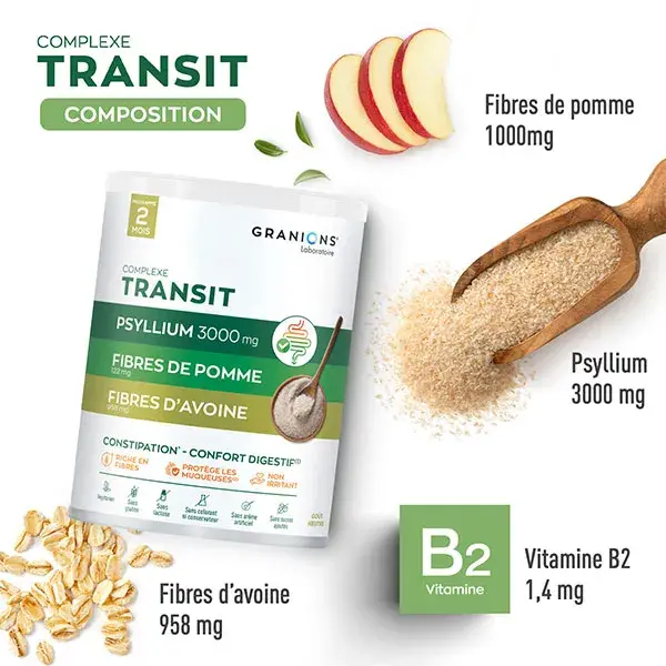 Granions Complexe Transit - Psyllium 3000 mg, Fibres de Pomme et Avoine - 290 g