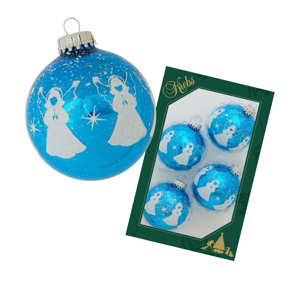 Lichtblauwe glanzende glazen bal van 7 cm met witte lintversiering, bestrooid met engeltjes, 4 stuks, kerstballen, kerstversieringen, kerstversieringen voor de kerstboom