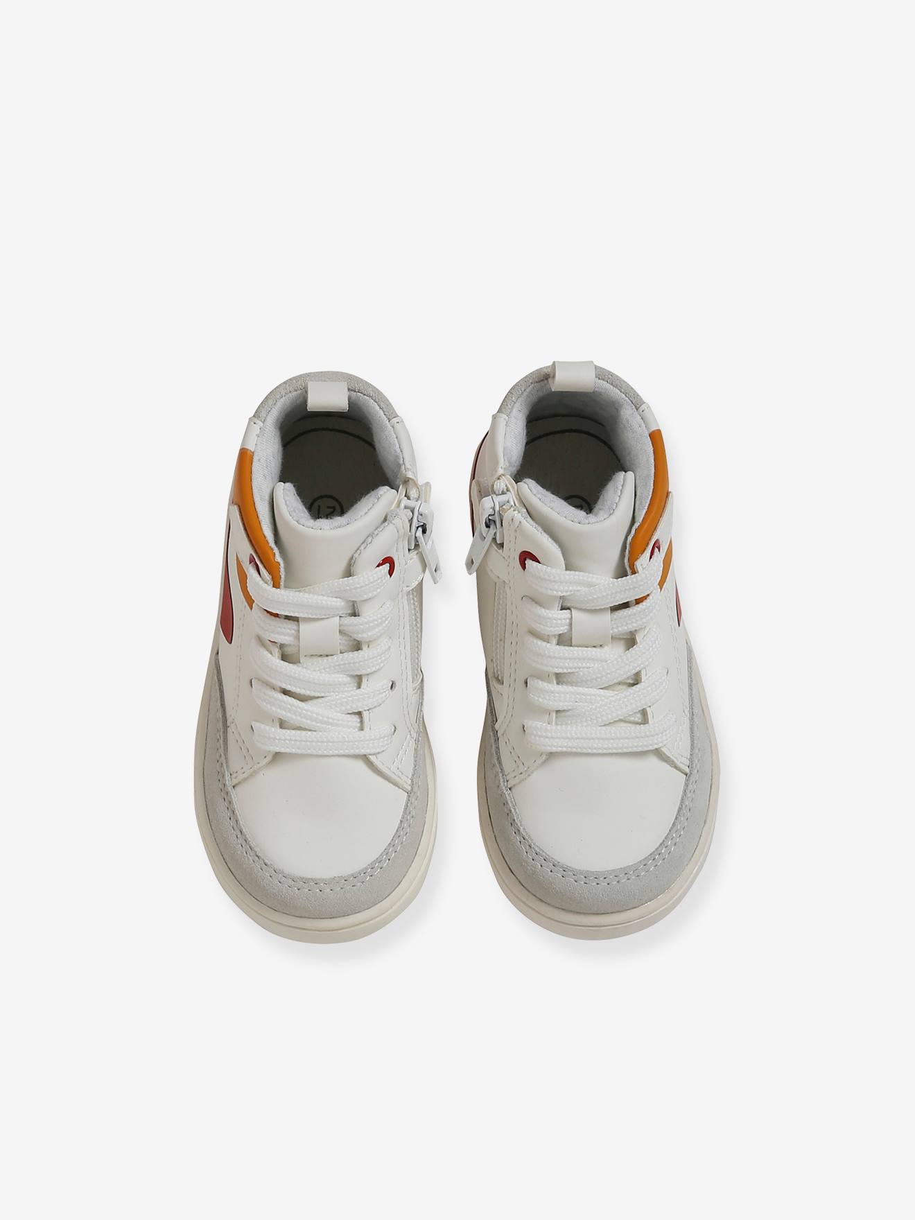 Tênis de cano alto para bebê menino, branco claro liso com estampas.