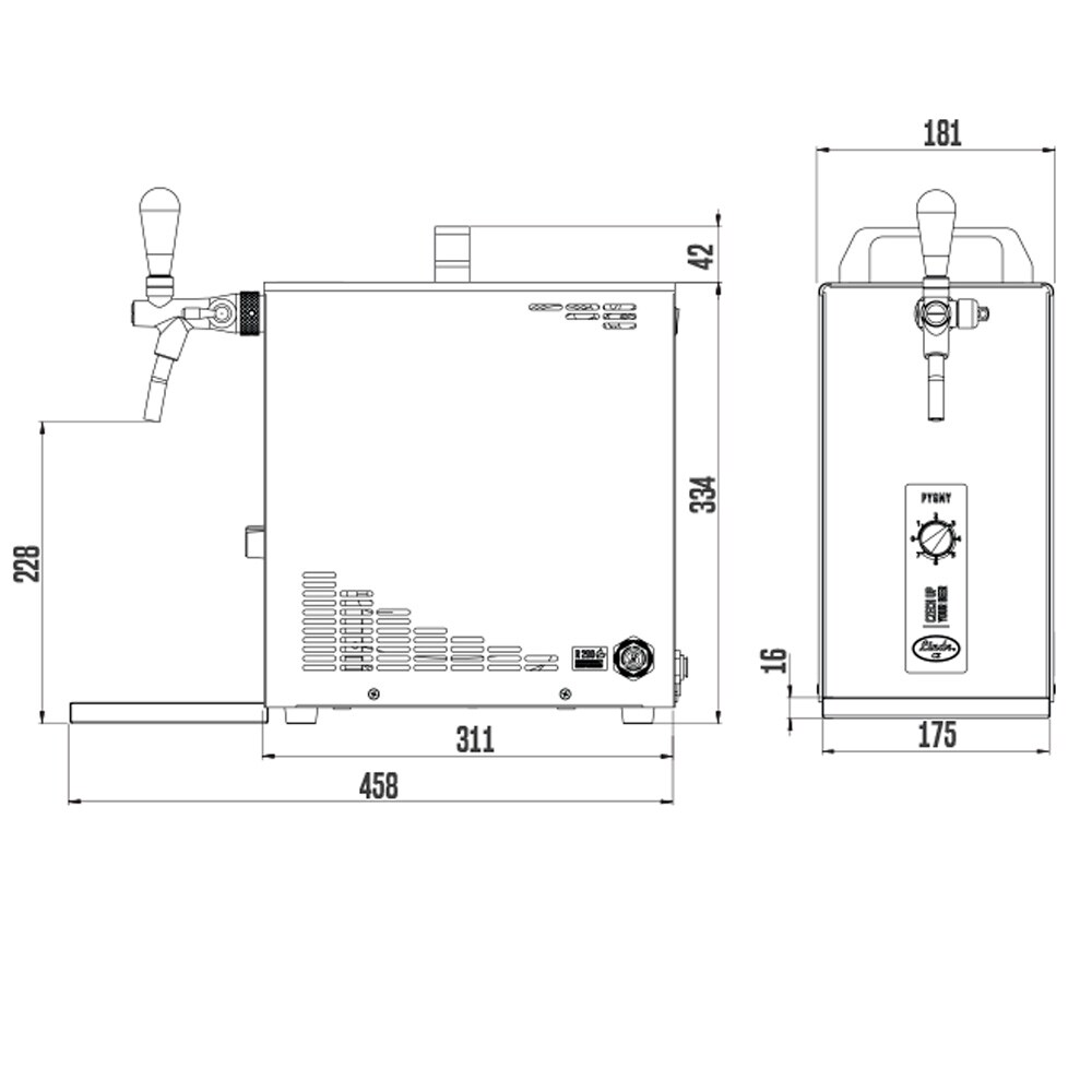 Komplett Set Zapfanlage, Bierzapfanlage, Bierkoffer, Durchlaufkühler PYGMY 25 1-leitig Trockenkühler, 35 Liter/h, Green Line, Zapfkopf:Flach