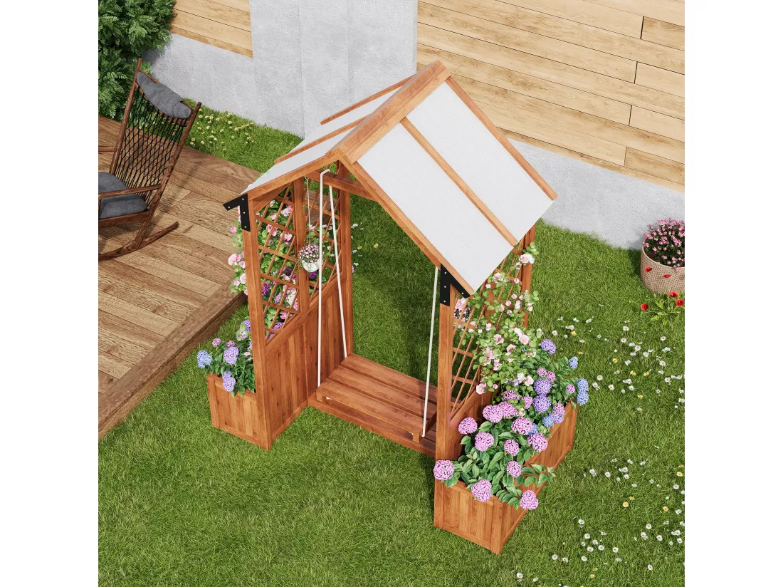 Cache-pot, balançoire d'extérieur, jardinière avec treillis, avec toit ouvrant en polycarbonate. Jardinière en bois massif marron