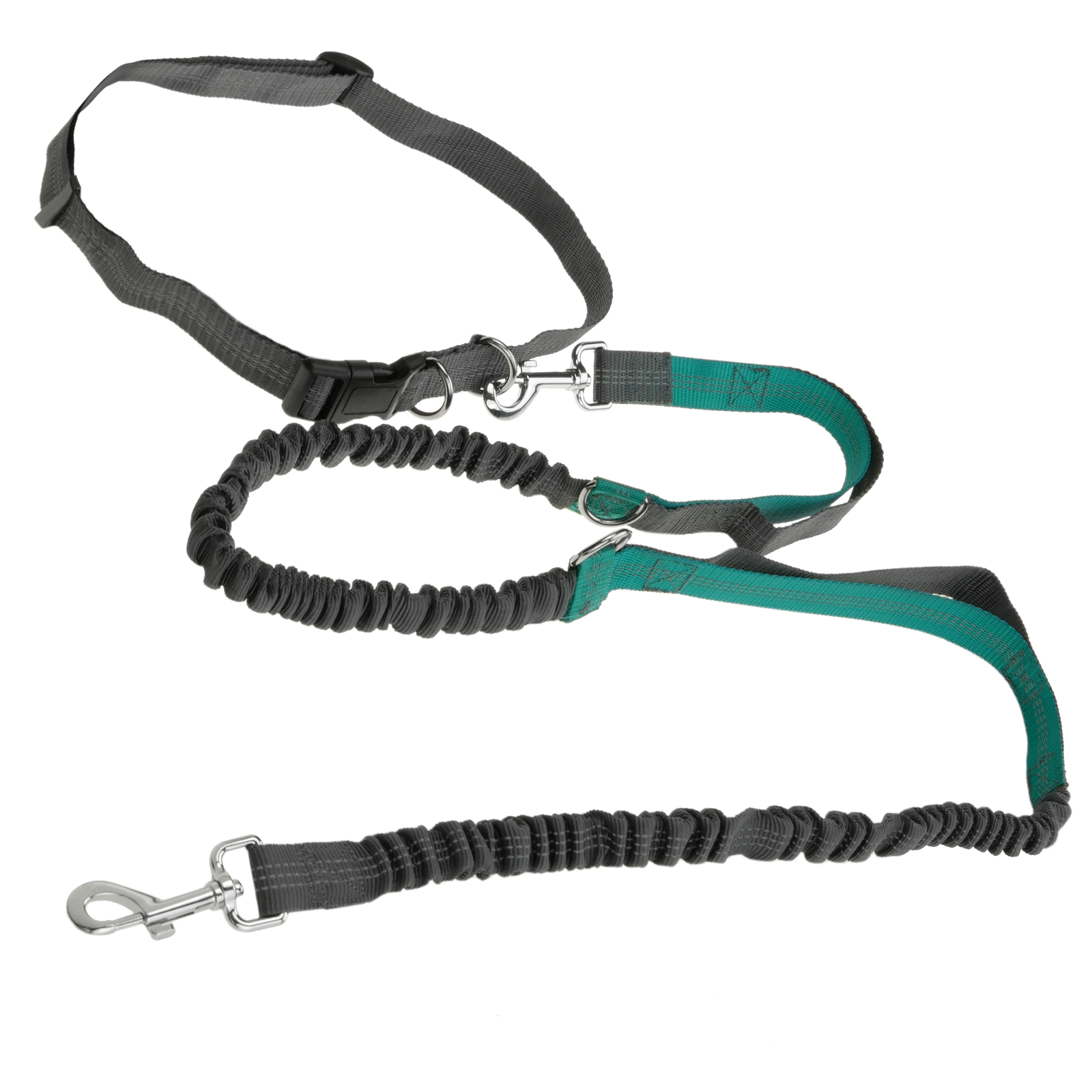 Guia ajustável para cães de corrida, de 160 a 220 cm. Guia elástica, refletora e com cinto para uso com as mãos livres.