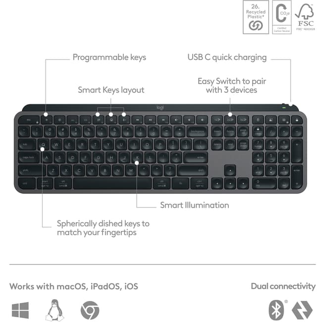 Logitech MX Keys S trådløst tastatur med håndledsstøtte (graphite)