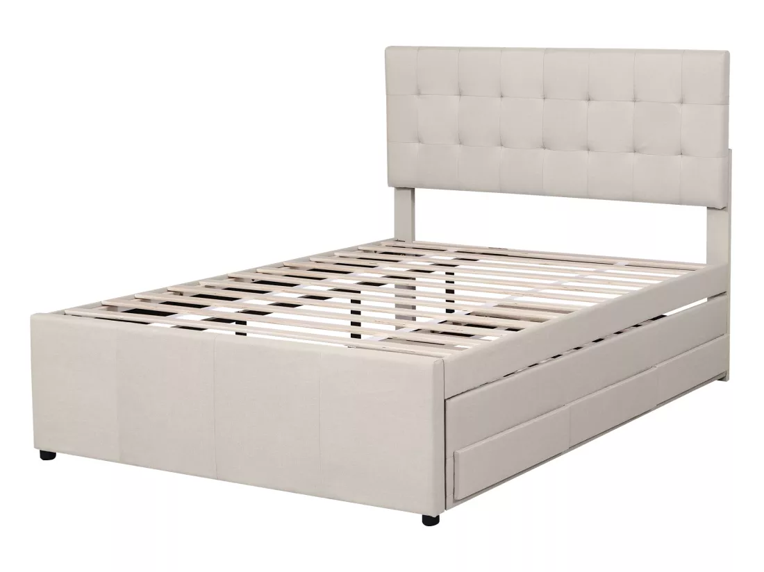 Lit gigogne avec 3 tiroirs - 140 x 200 cm + 90 x 190 cm - tissu lin - tête de lit réglable - coloris beige
