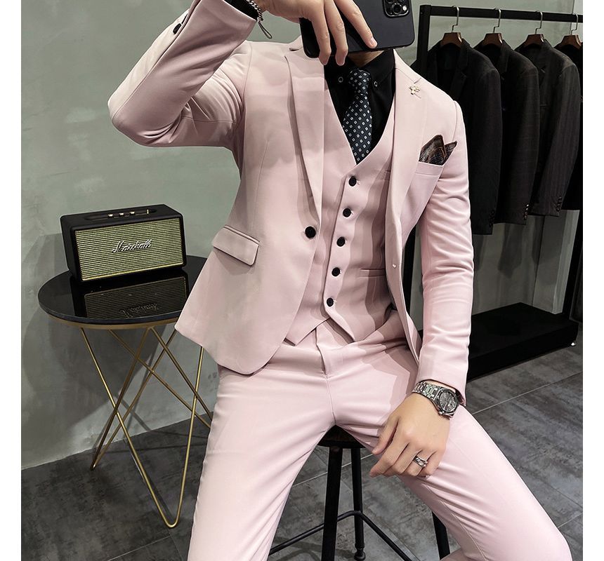 Blueforce - Set: V-hals effen gilet met knoopjes + blazer met één knoop + rechte pantalon met hoge taille