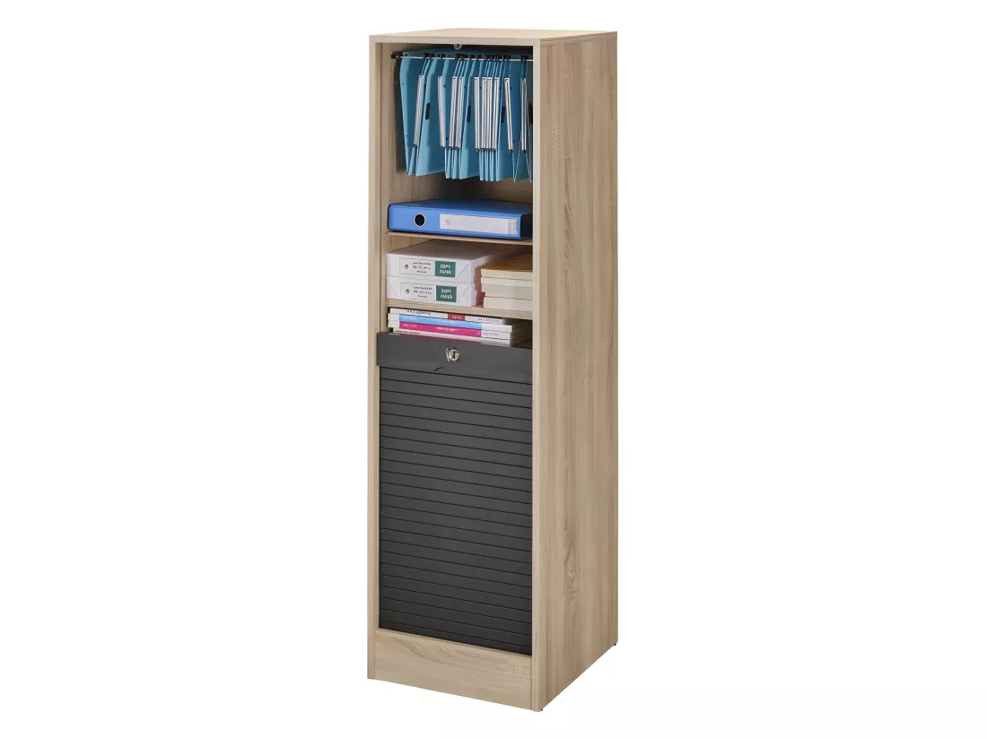 Classeur à Rideau 8 Tablettes 1 Kit Dossiers Serrure L 41,4 H 140,4 P 44 cm - Coloris: Chêne + Rideau Noir