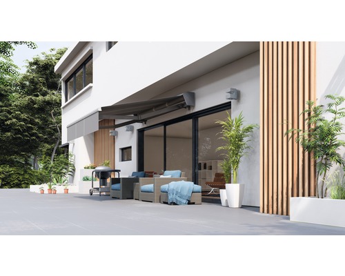 Molveno 4x3 semi-cassette zonnescherm, grijs gestreept doek, frame RAL 9006 wit aluminium, aandrijving links inclusief motor, afstandsbediening en noodhandzwengel