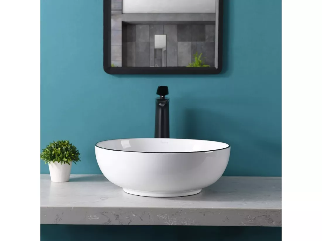 Lavabo Ronde de bord noir en Porcelaine Blanche,Vasque à Poser Évier pour salle de bain Moderne - 41.5x41.5x13.5cm