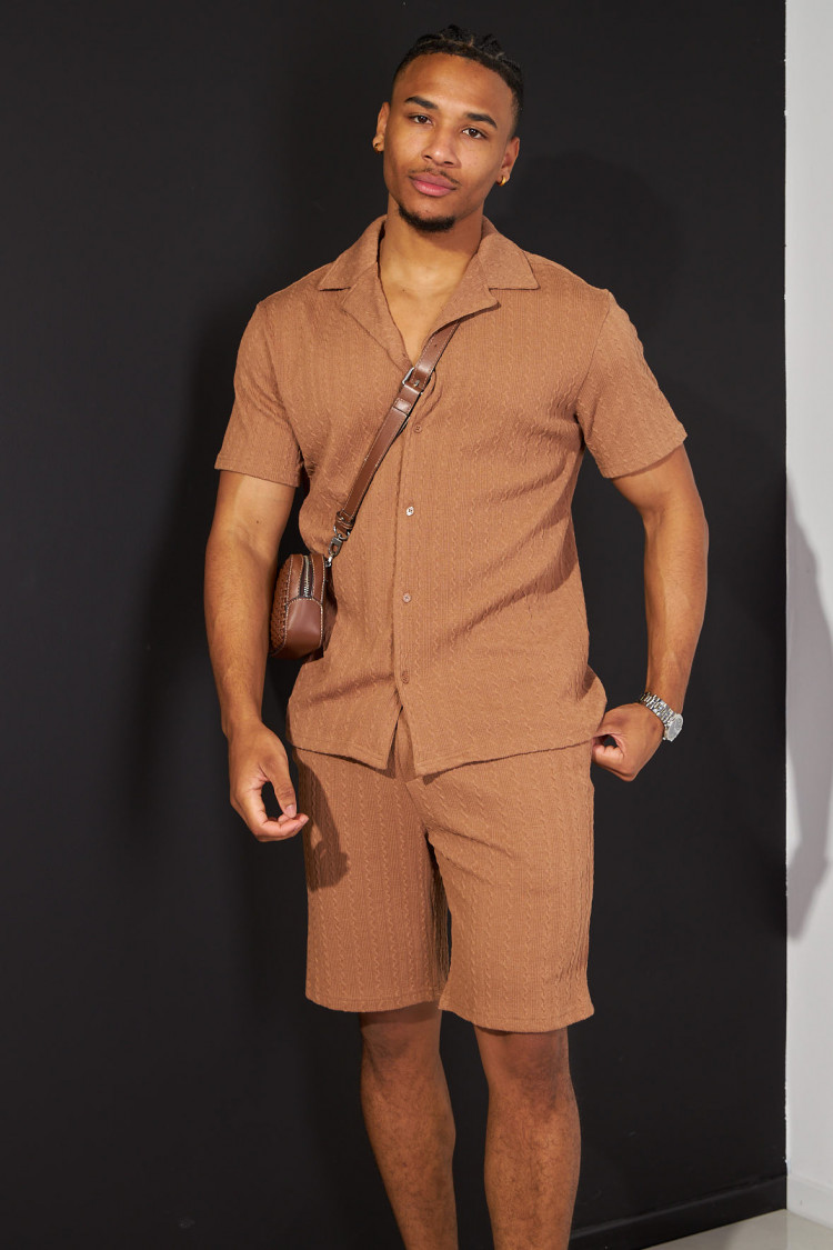 Ensemble 2 pièces chemise + short marron à motif vague