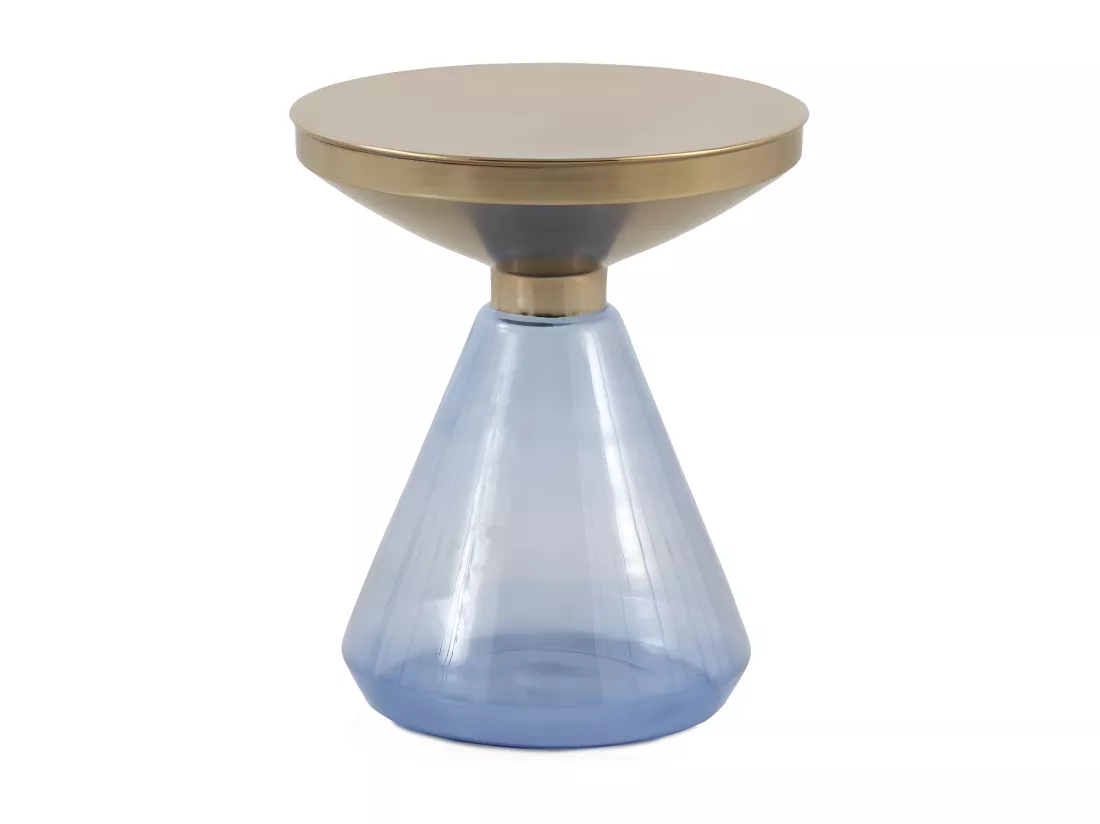 Table d'appoint avec base en verre bleu et plateau en métal doré