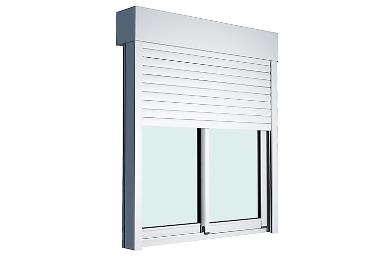 Baie vitrée coulissante alu + volet roulant électrique Goodhome blanc - l.240 x h.215 cm - Uw 1,7