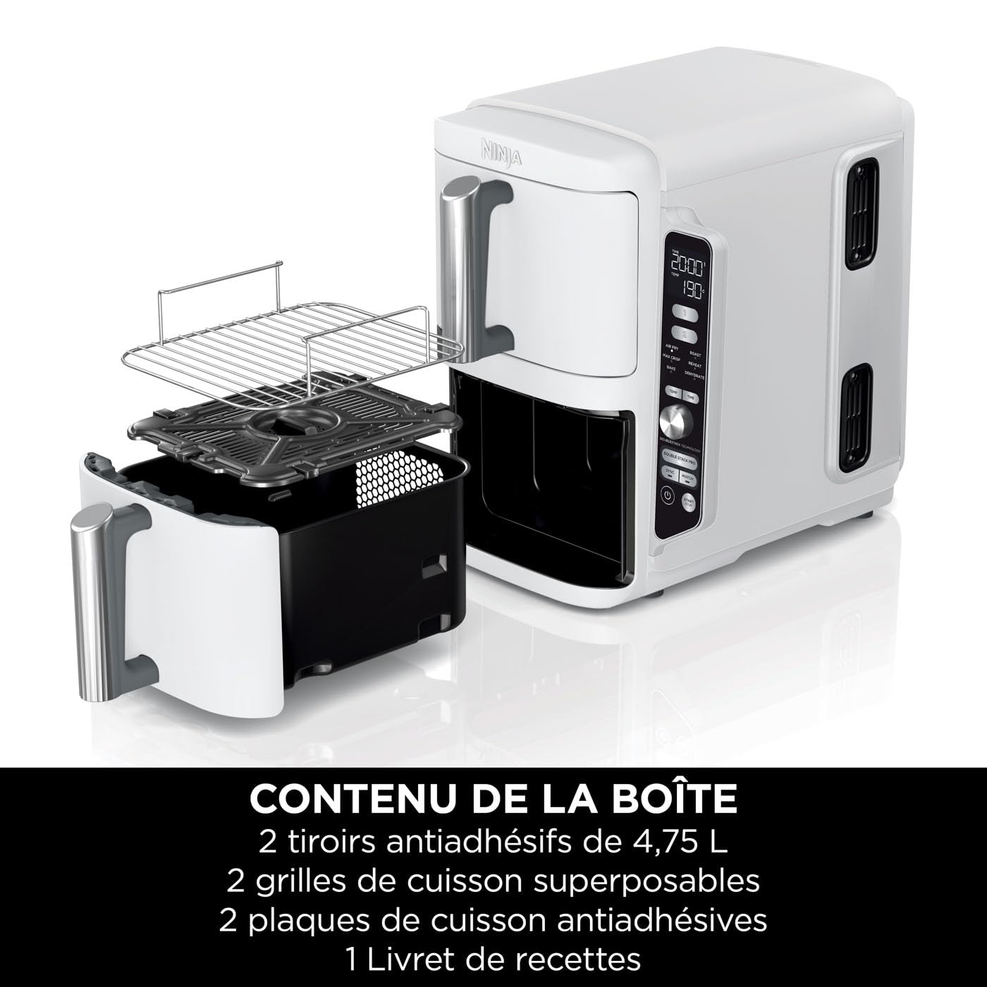 NINJA Double Stack XL Air Fryer, Friteuse sans huile Verticale Double Tiroir 4 Niveaux de Cuisson, 2 Tiroirs, 2 Grilles, Capacité de 9,5 L, 6 Fonction