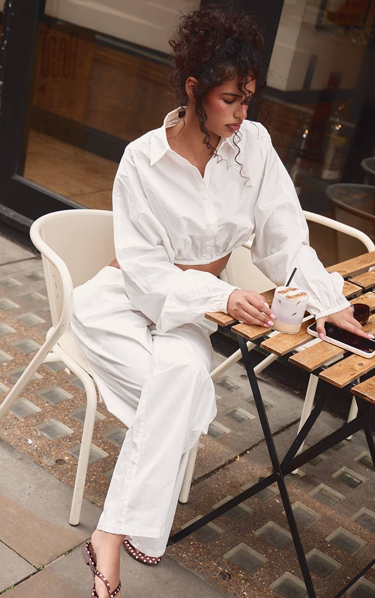 Blanc Ensemble Coordonné Chemise En Popeline Raccourcie À Détail Froncé