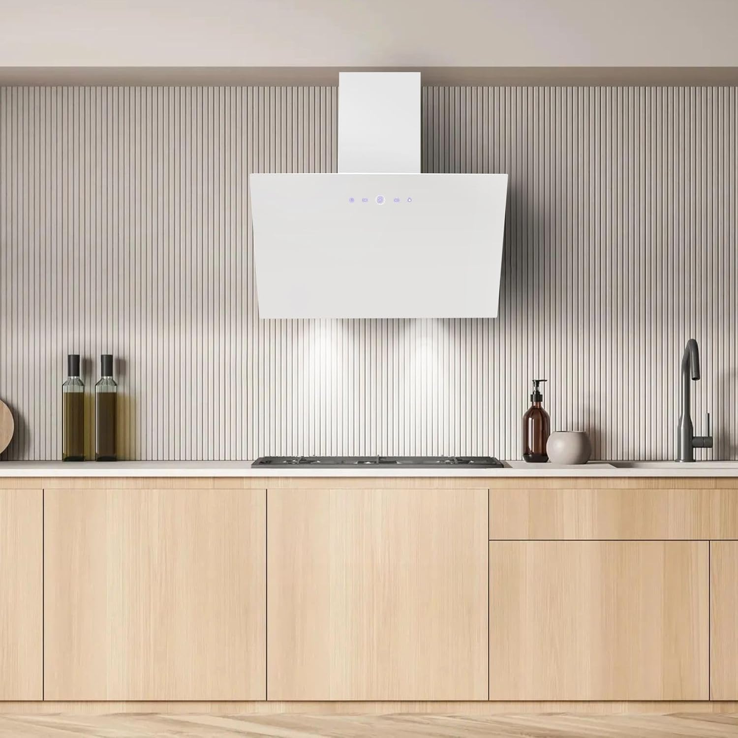 SNDOAS Dunstabzugshaube 60cm, Kopffreie Wandhaube mit 700 m³/h Starker Saugleistung, 3 Leistungsstufen, LED-Anzeige Touchscreen, Verzögerungs-Ausschaltfunktion, Abluft/Umluft, Weiß