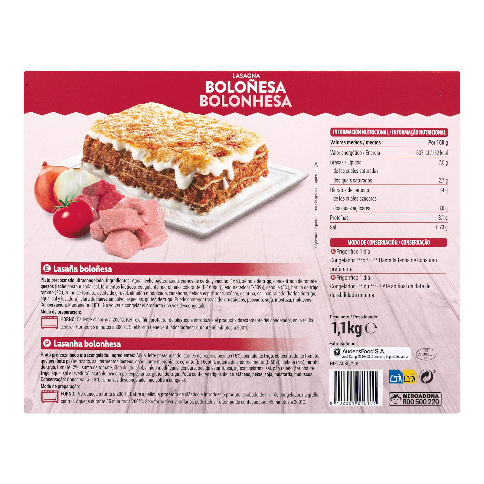 Lasagne bolognaise familiale Hacendado, ultra-surgelée
