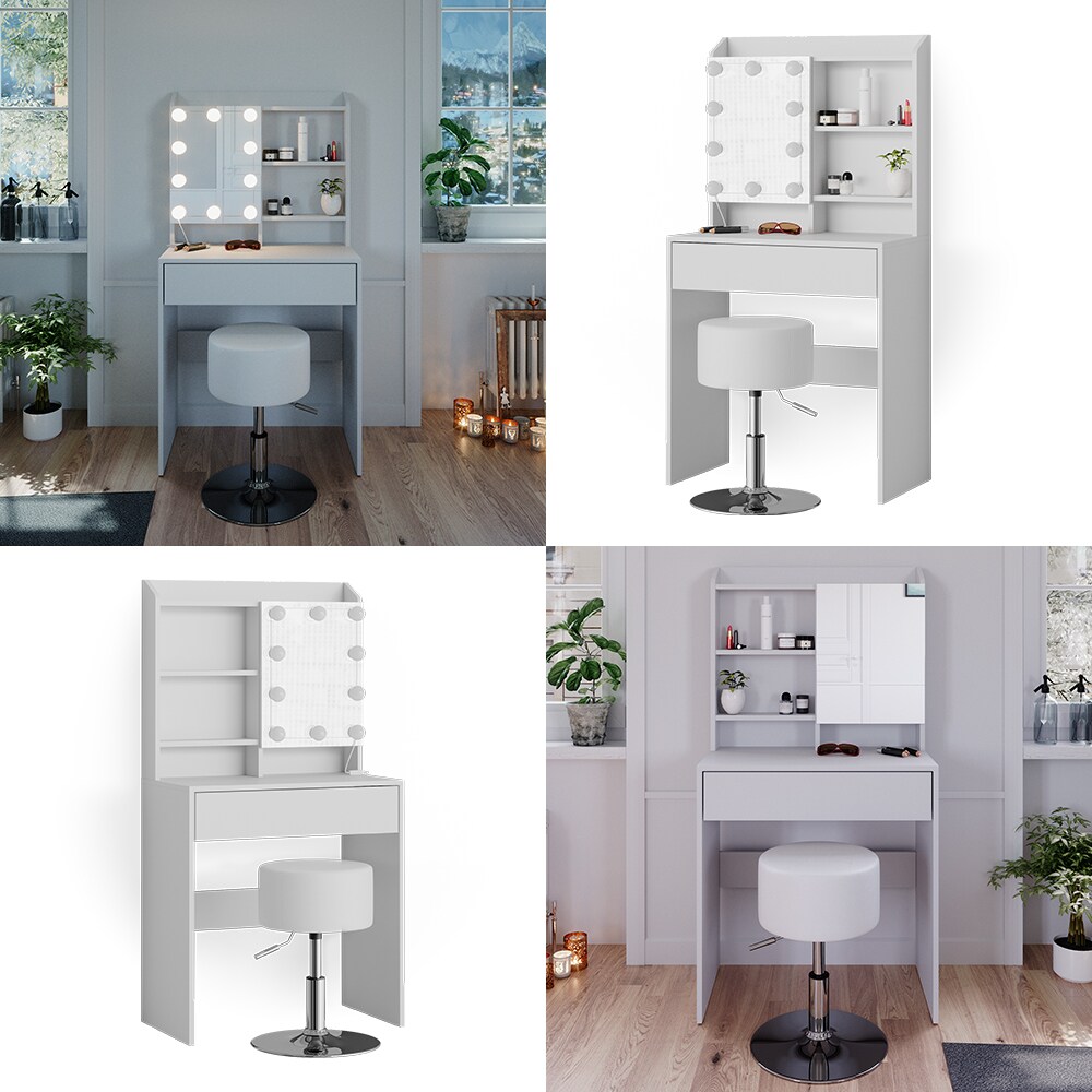Vicco Schminktisch Frisiertisch Frisierkommode Laura Weiß LED Hocker 70x136 cm Spiegelschrank modern Schlafzimmer Kommode Schminkspiegel Schrank Schublade Kosmetiktisch Make-Up-Tisch