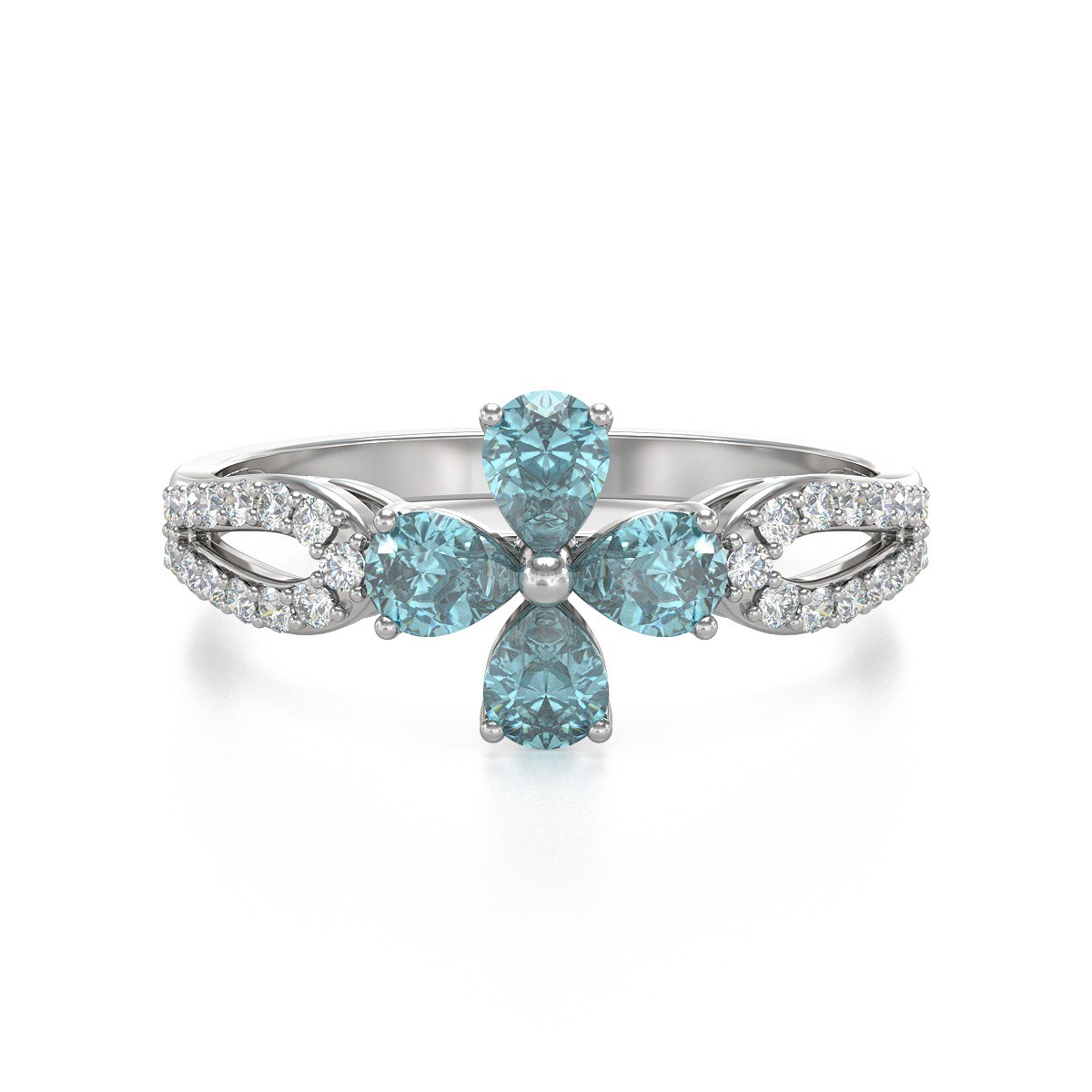 Bague ADEN Or 585 Blanc Fleur Aigue-Marine et diamants 1.95grs