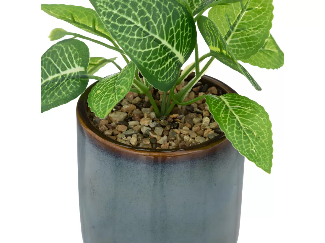 Plante verte artificielle Pot en céramique Bleue émaillée H 16 cm
