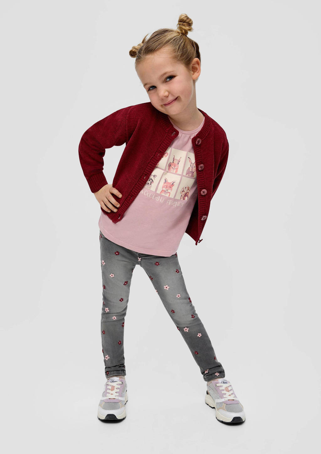 s.Oliver gebloemde skinny jeans grijs/roze/rood