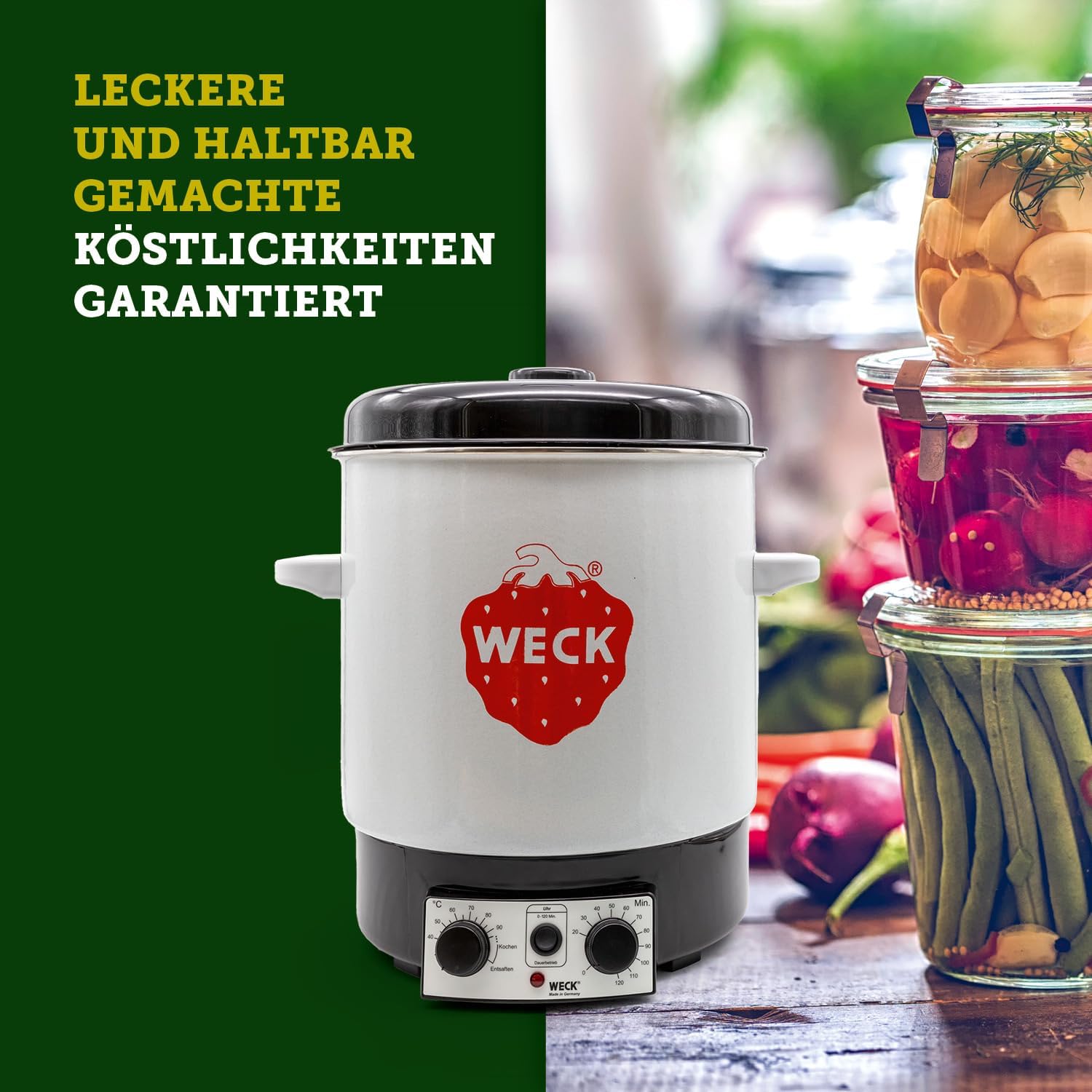 Weck Einkochautomat WAT15 Emaille mit Zeitschaltuhr & Präzisionsthermostat – 29L Einkochtopf, Glühweinkocher, Dampfentsafter, Einweckautomat – Edelstahl, Made in Germany, hochwertig & vielseitig