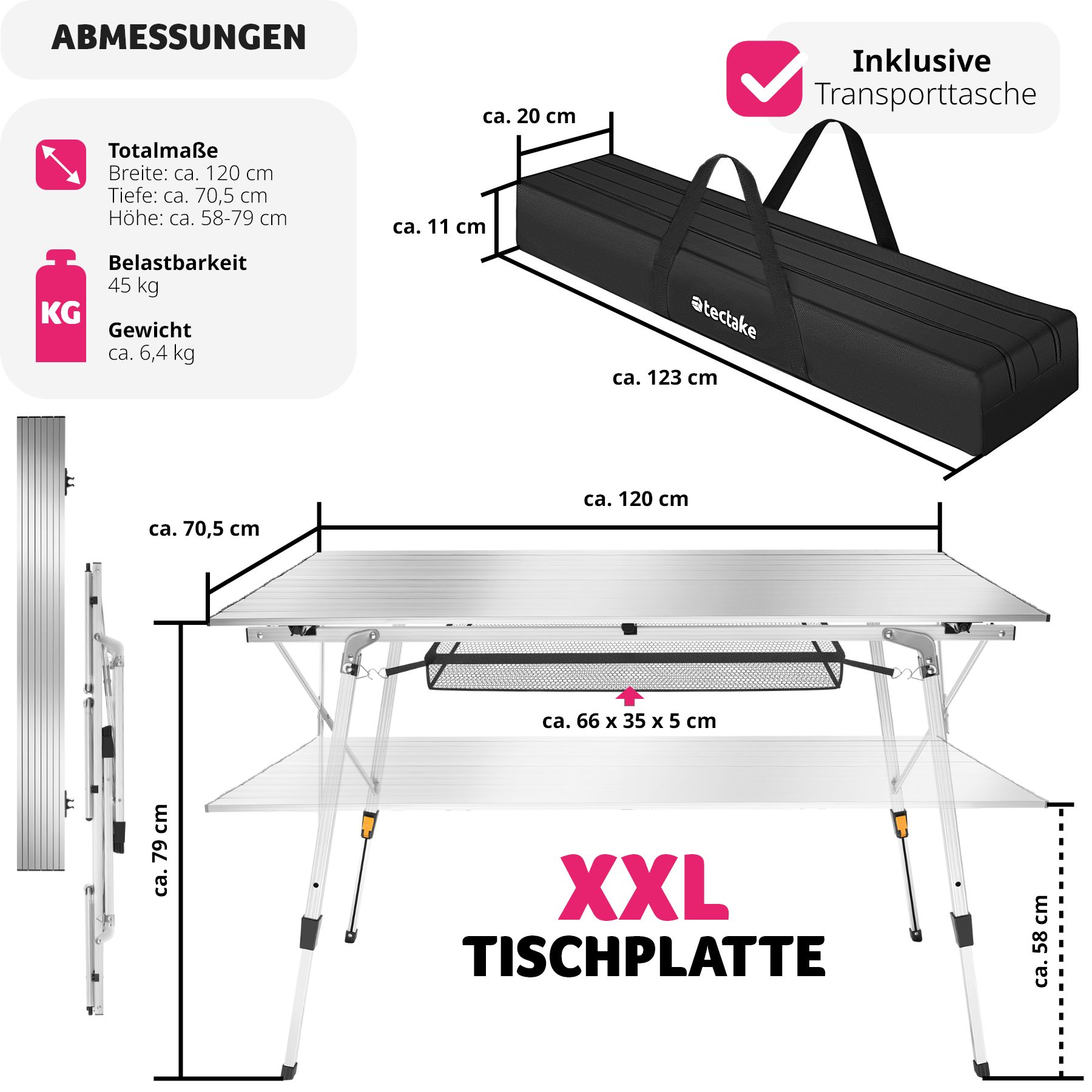 tectake® Campingtisch, faltbar, höhenverstellbar, 120 x 70,5 x 58 – 79 cm