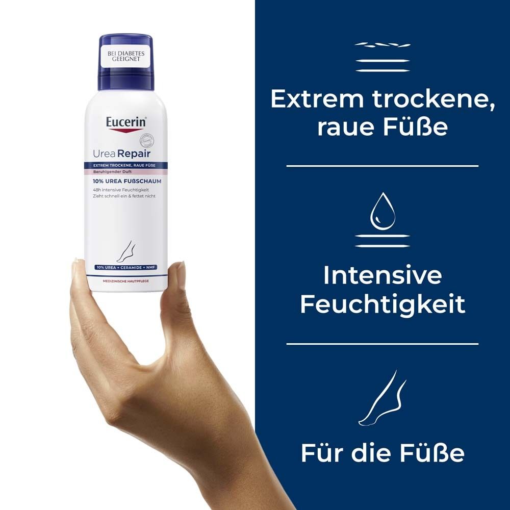 Eucerin® UreaRepair 10% Urea Fußschaum – 48h Fußpflege für trockene Haut mit feuchtigkeitsspendender Urea und beruhigendem Duft
