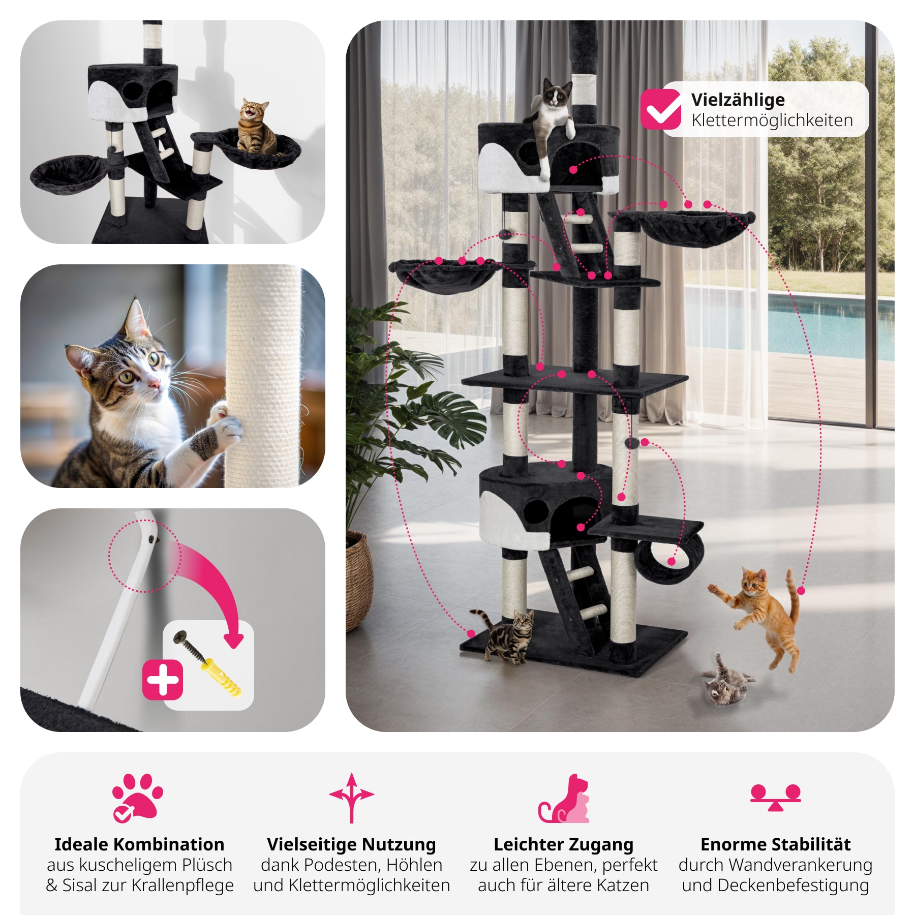 tectake® Kratzbaum, 243 bis 260 cm, mit 2 Katzenhäusern, inklusive 2 Treppen, 2 Spielbällen, Deckenspanner und Kippschutz