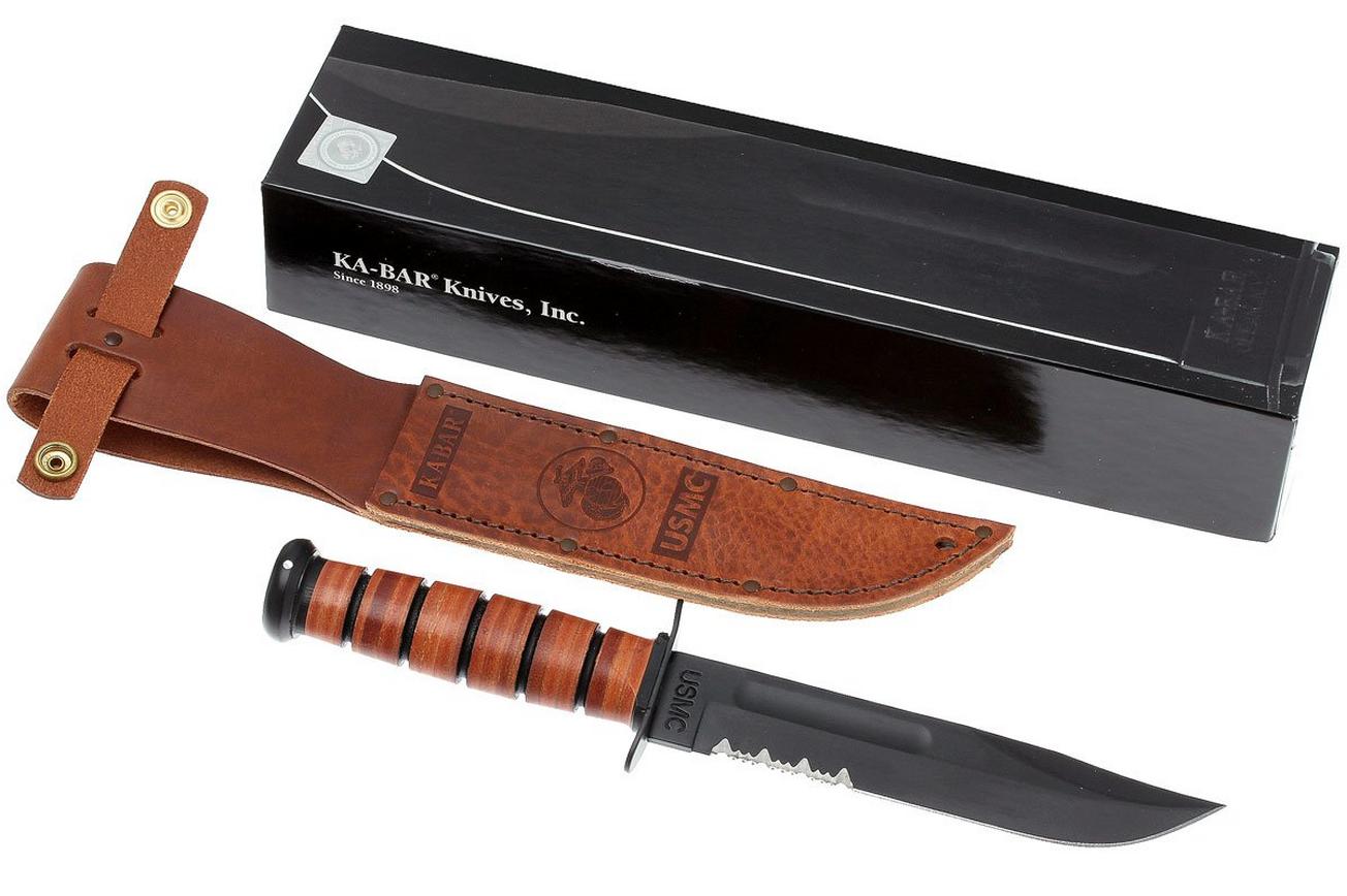 KA-BAR USMC 1218 deels gekarteld, leer, lederen foedraal survivalmes