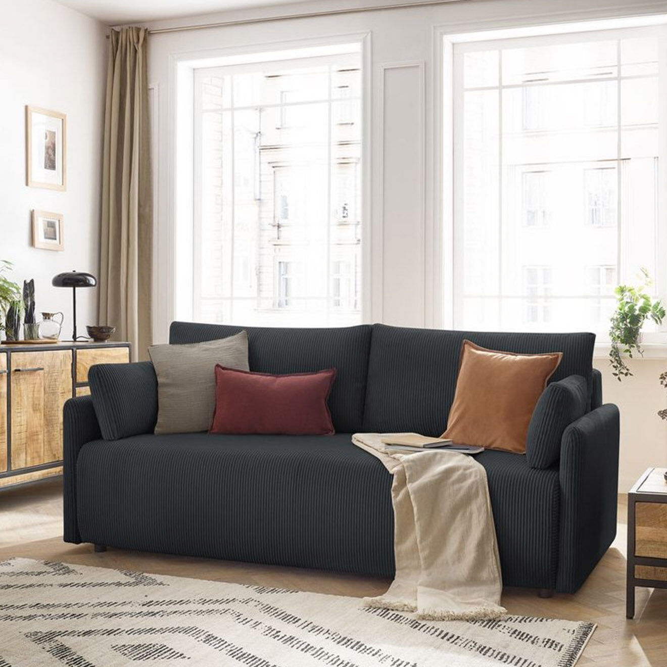 Bobochic Canapé convertible coffre marcel velours côtelé gris foncé  - 211x100x86 cm