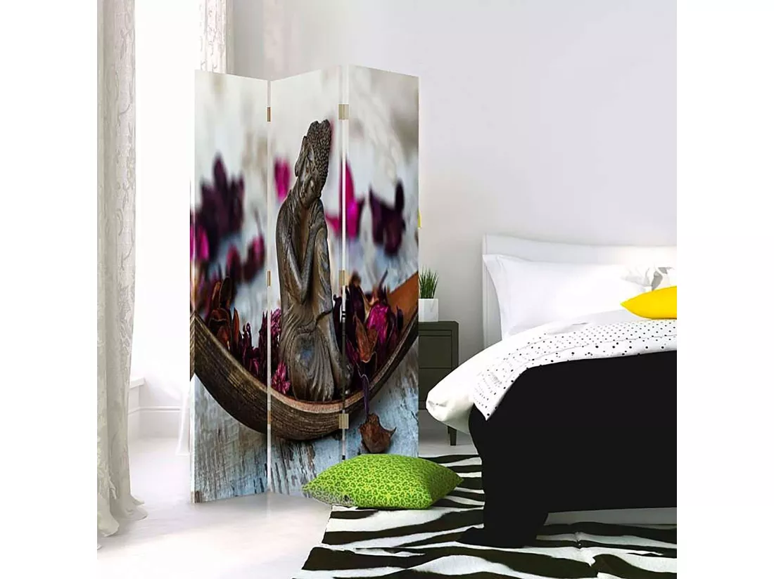 Paravent Design Zen Bouddha en Méditation 3 Panneaux - 110 x 150 cm - 2 faces R° V°