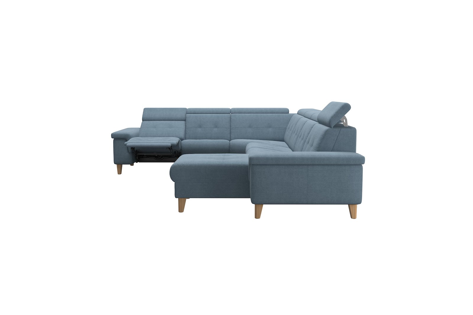 Anna C22 hjørnesofa (PMCMM) med LS (M) Tekstil Dahlia Light Blue med A2 arm og eikbeisede skrå ben, 14 cm. (Power-Manual-CornerManual-Manual-Manual)