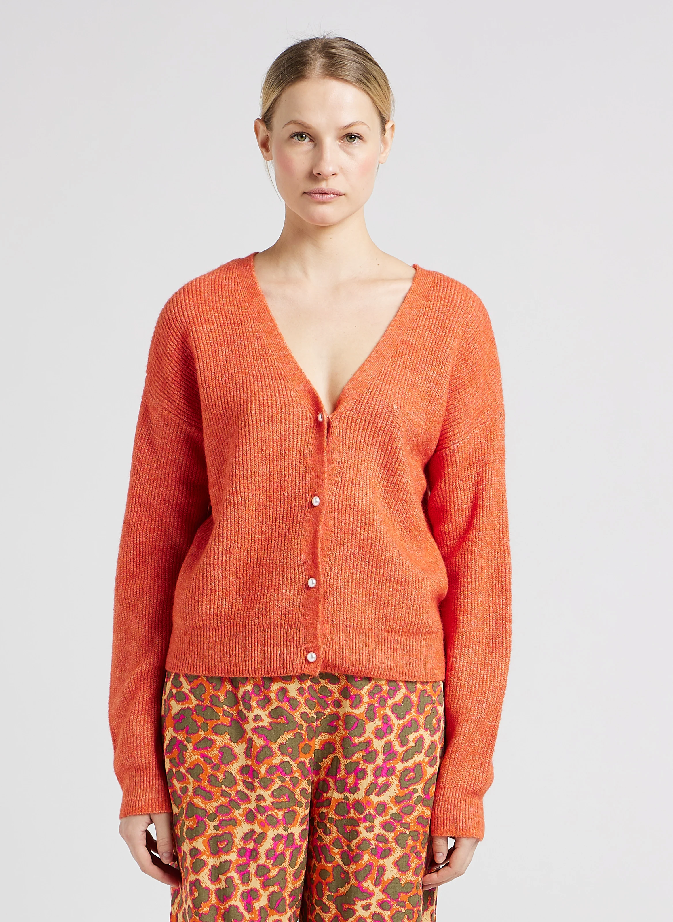 Gilet col V en maille mélangée| Orange