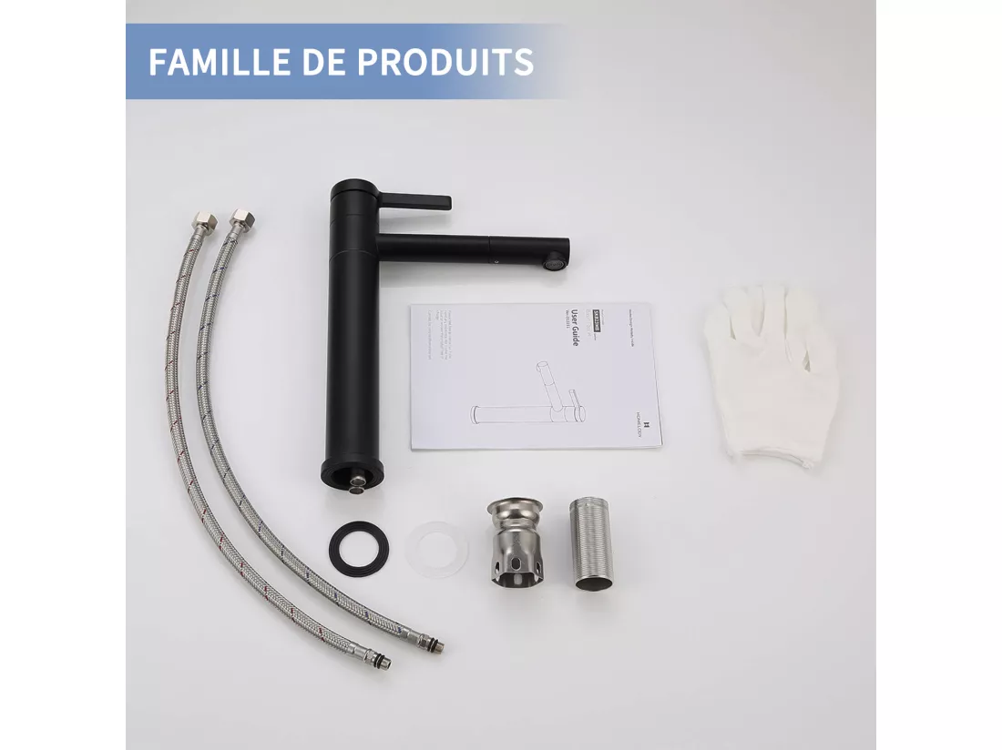 Noir Robinet Salle de Bain Mitigeur pour Vasque Haut Bec Pivotant 360° Robinetterie de Lavabo en Acier Inox Design Moderne