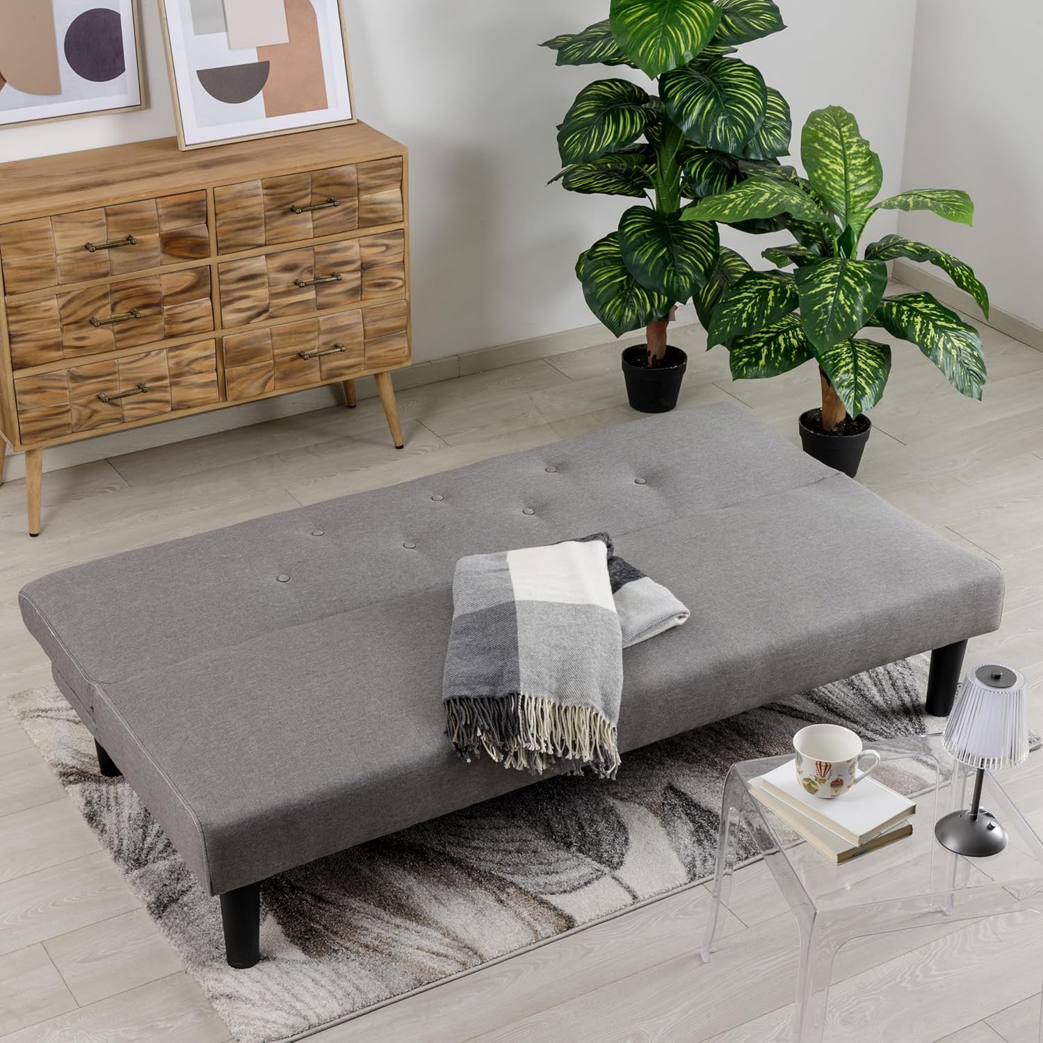 Baroni Home 3-Sitzer Stoff Sofa Bett umwandelbar in Polsterbett, Liegesofa mit Kunststoffbeinen für Wohnzimmer, Gästezimmer, Öffnet 93 cm, 167x70x77 cm (Grau)