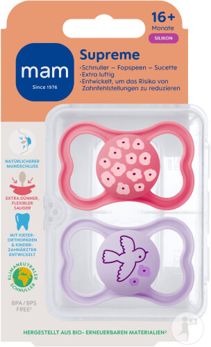 Mam Sucette Supreme Silicone Pure +16 Mois Rose 2 Pièces