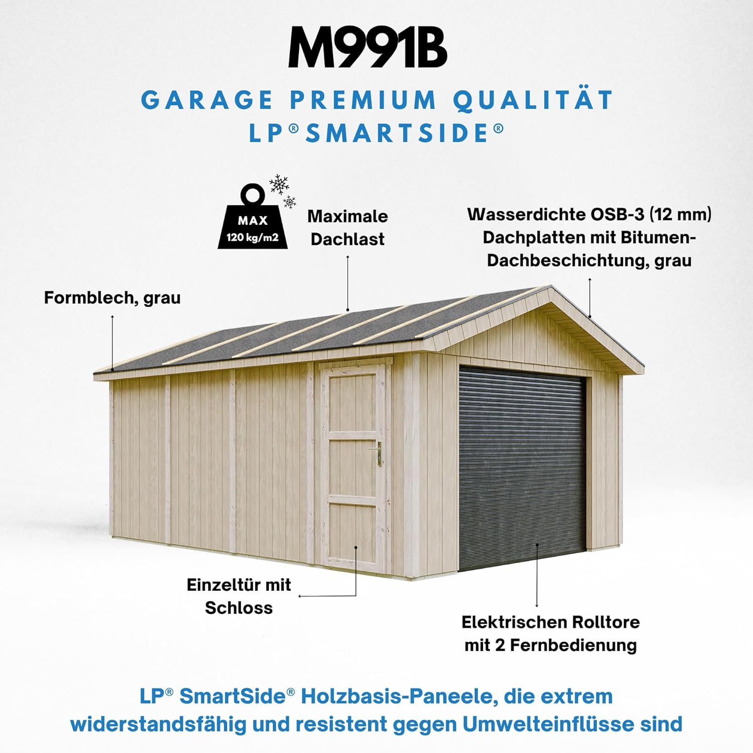 Garage Premium Qualität 17 m²- L378xB530 cm- Garage für Autos, Motorräder, Fahrräder, Gartengeräte - Konstruktion aus LP Smartside-Panels - Gartenhaus Timbela M991B-TUNDRA Grey