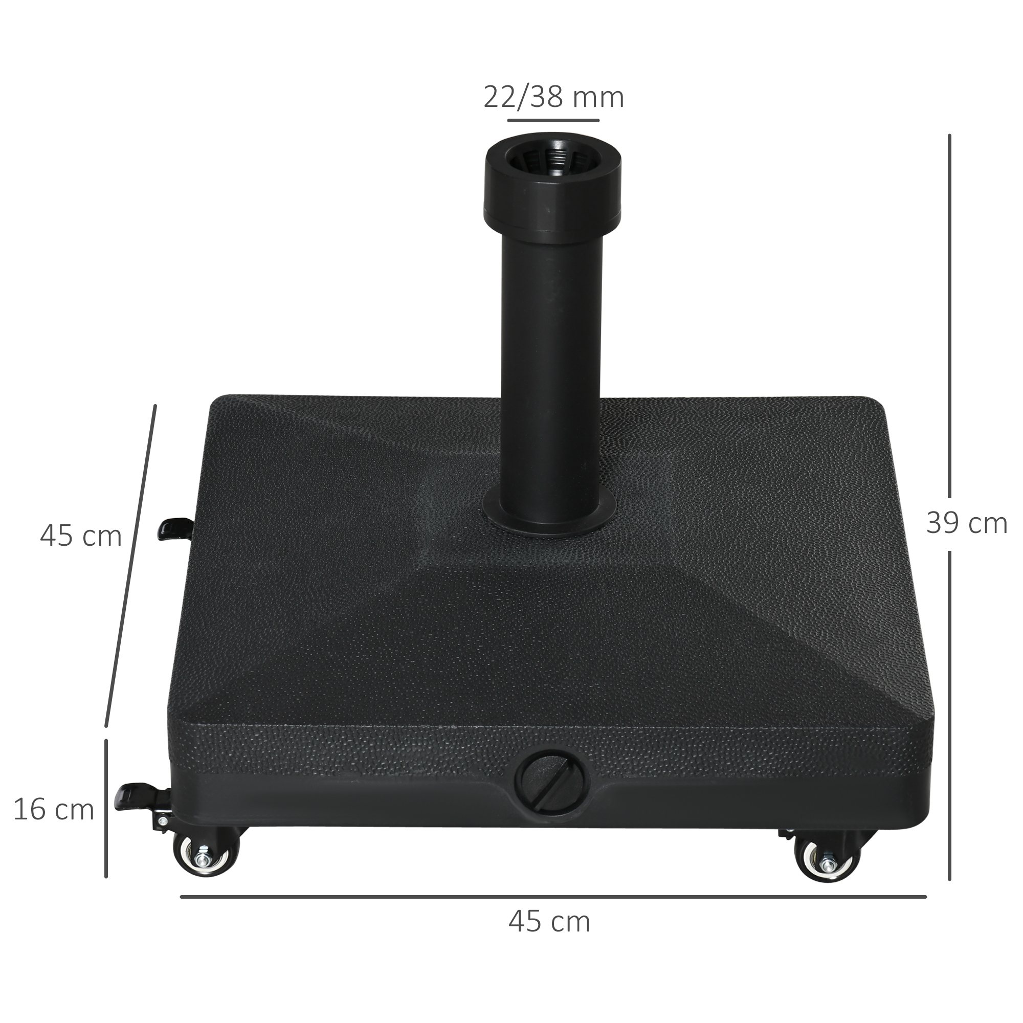 Base para guarda-sol Outsunny com 4 rodas com trava, suporte para guarda-sol que pode ser preenchido com areia (18 kg) ou água (16 kg) para jardim, pátio e terraço, 45x45x39 cm, preta.