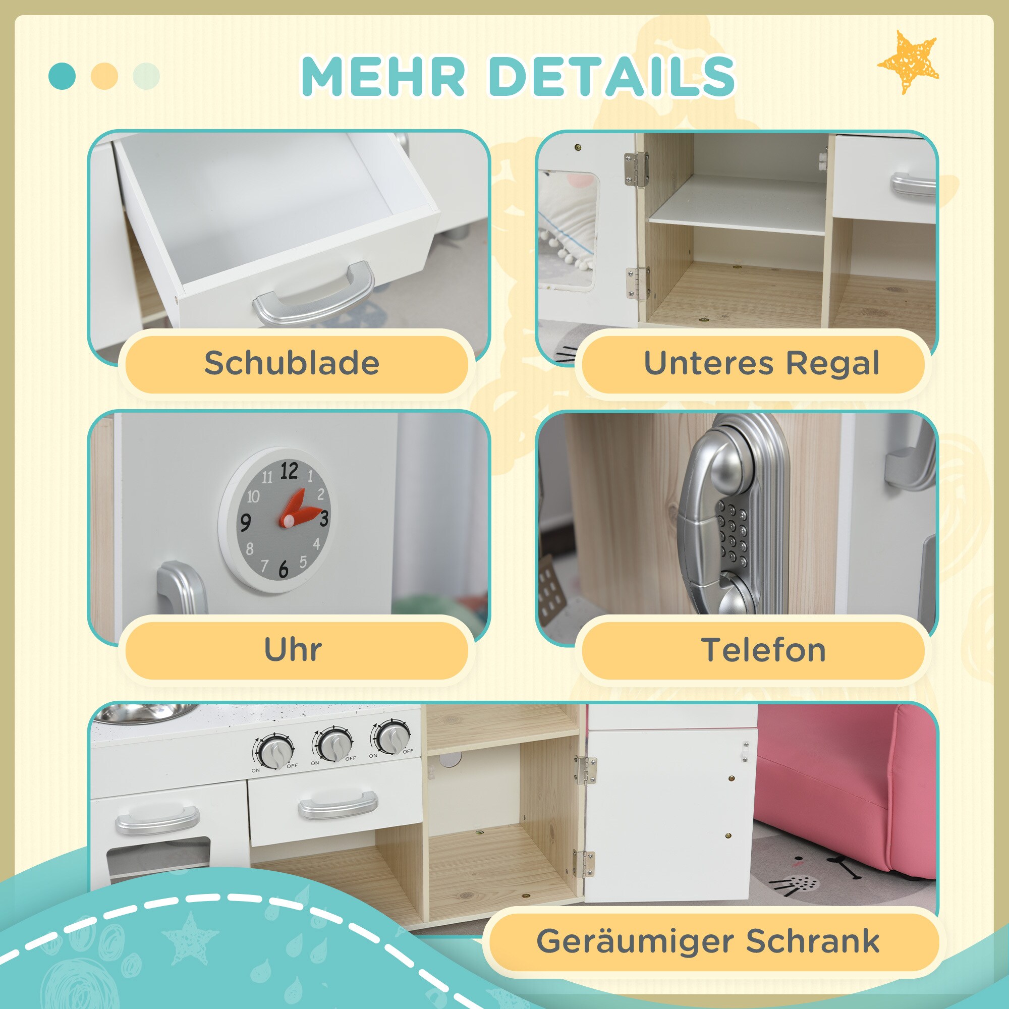 HOMCOM Kinderküche mit Zubehör weiß 74 x 30 x 81 cm (BxTxH)