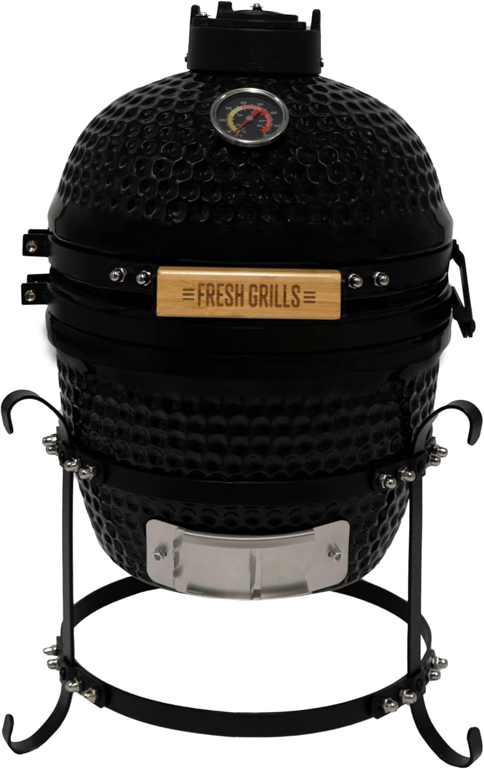 Fresh Grills 33cm Kamado Keramikgrill | Schwarz Holzkohlegrill BBQ Mini Ofen | Thermometer, Holzgriff, Oberer & Unterer Luftstrom | Outdoor Garten Grillen Garen Räuchern Smokern [mit Standfüßen]