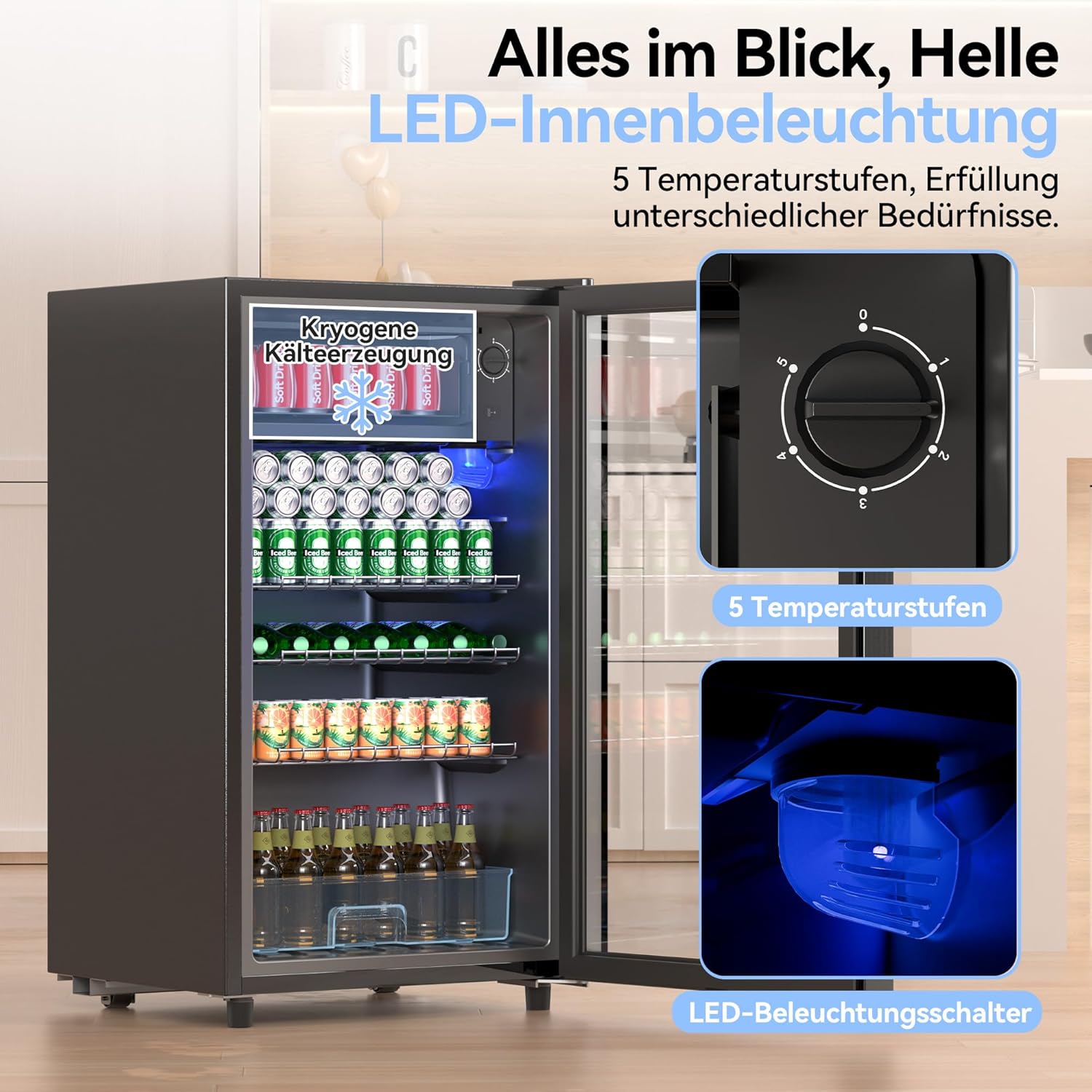93L Getränkekühlschrank,Mini-Kühlschrank für 140 Dosen, mit Glastür kleiner Kühlschrank,LED | 3 Verstellbare Ablageböden für Soda/Bier/Wein | Perfekt für Homebar, Partys, Gastronomie