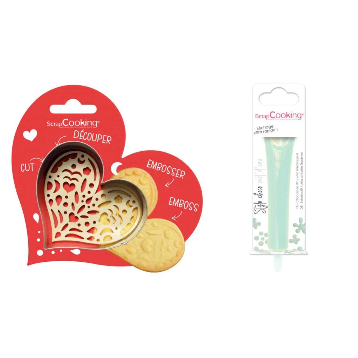 Kit pour biscuit en relief Coeur + Stylo au chocolat vert d'eau Scrapc