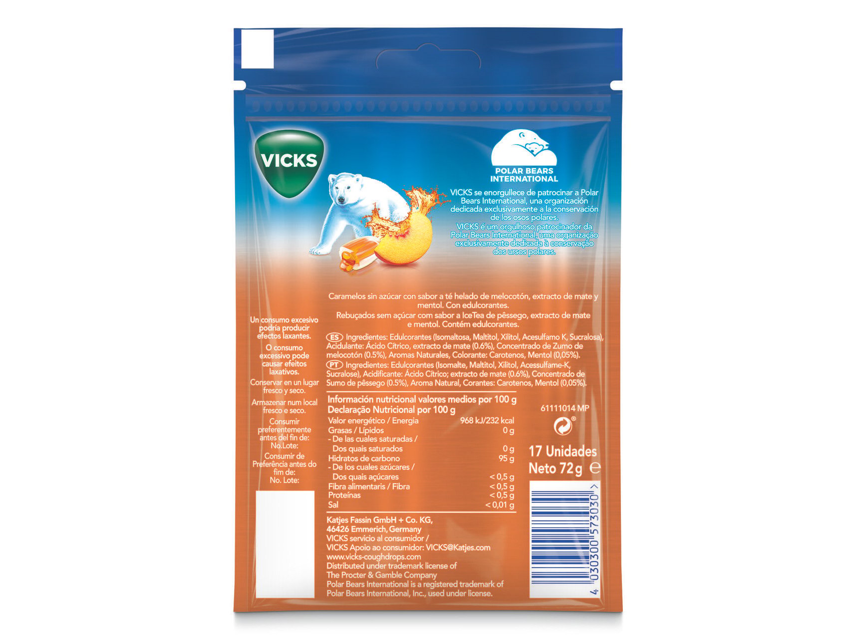 REBUÇADOS VICKS ICE TEA PÊSSEGO 72 G