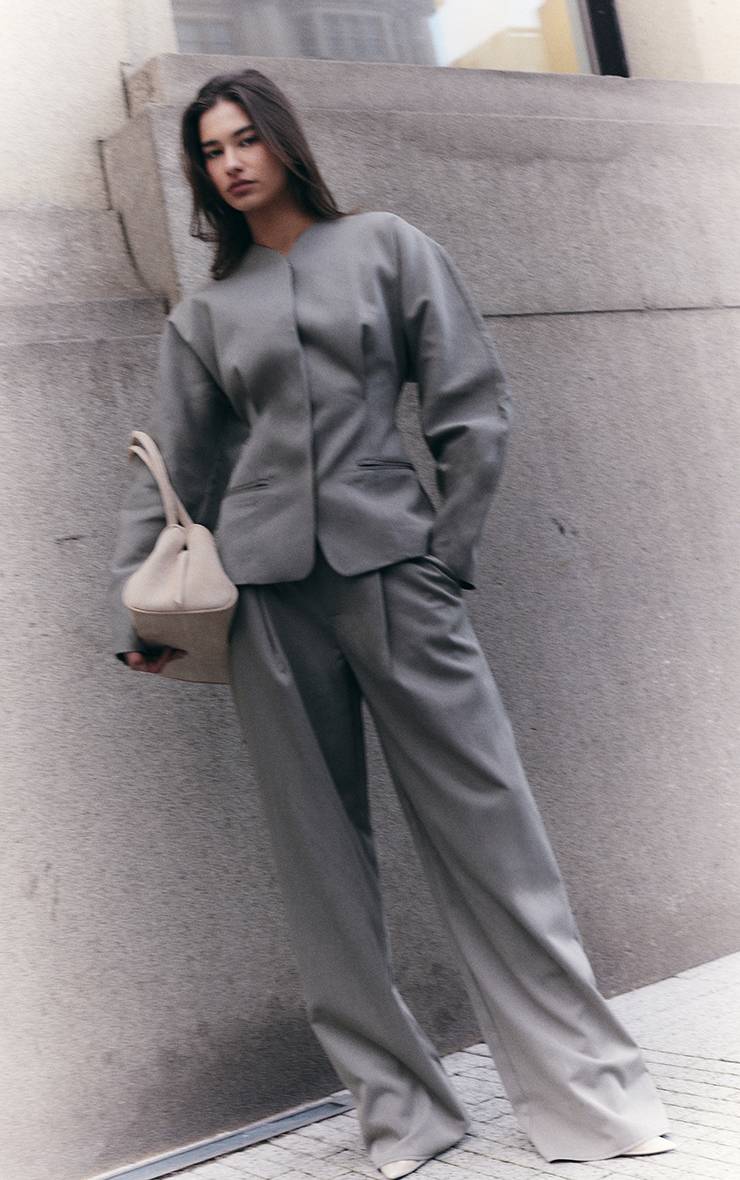 Gris Pantalon Large Plissé Tailleur En Tissu Tissé Premium Coordonné